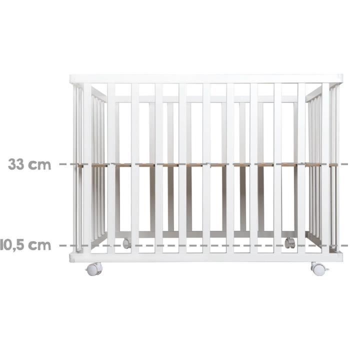 Parque infantil plegable ROBA - LITTLE STARS - 75 x 100 cm - Altura regulable - 4 ruedas con freno - Madera lacada en blanco - Estampado de estrellas