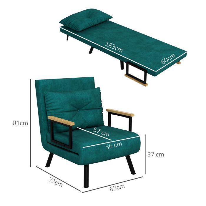 Sillón convertible - 1 plaza - HOMCOM - Sillón/cama 3 en 1 - Respaldo ajustable, almohada - Terciopelo - 63x73x81cm - Verde