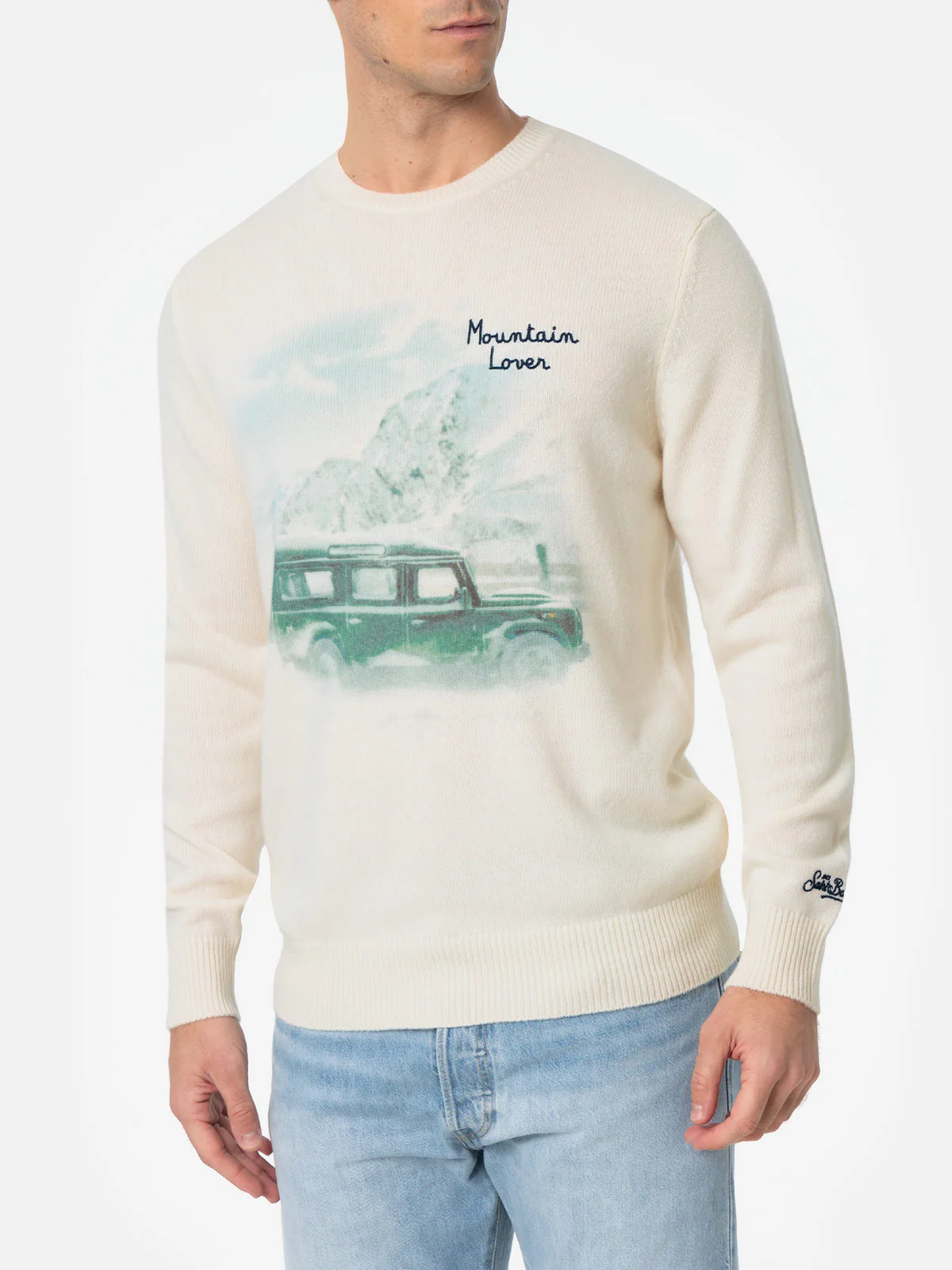 Maglione bianco da uomo Heron con stampa jacquard Mountain lover