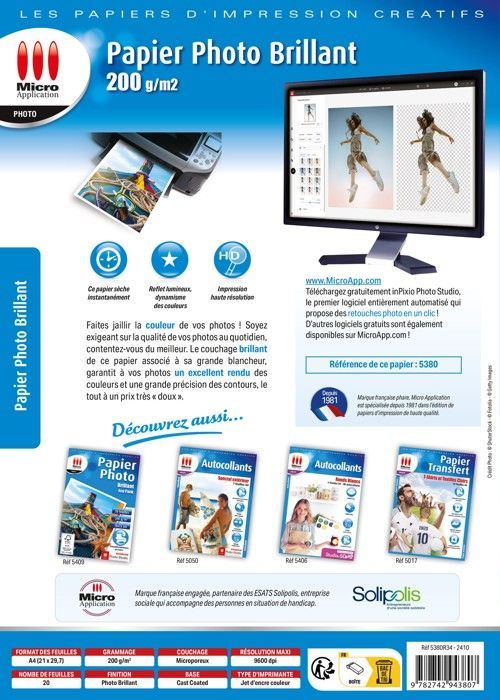 A4 Glossy Photo Paper - MICRO APPLICATION - Pack of 20 sheets - 200gsm - Color inkjet - 9600 dpi
