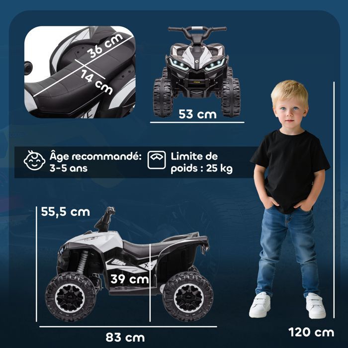 Elektrische quad - HOMCOM - kinderquad 12V 2 motoren 2 snelheden 3-6 km/u LED-koplampen claxon - PP - wit
