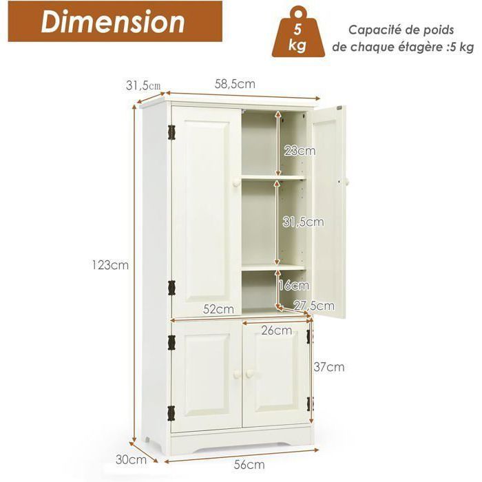 Armario de almacenamiento vintage COSTWAY de MDF con 2 estantes ajustables (5 posiciones) y 2 puertas, dispositivo antivuelco, blanco.