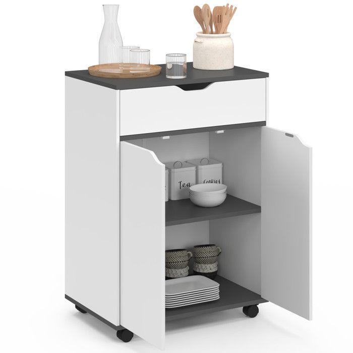 IDMARKET Desserte de cuisine COSY placard avec tiroir bois blanc et plateaux gris L.60 CM