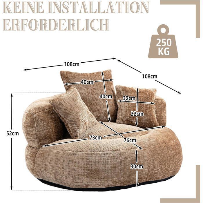 Pouf Lemonbest con tre cuscini, adatto per camera da letto e soggiorno, divano relax, 108×108×52 cm - Ciniglia marrone