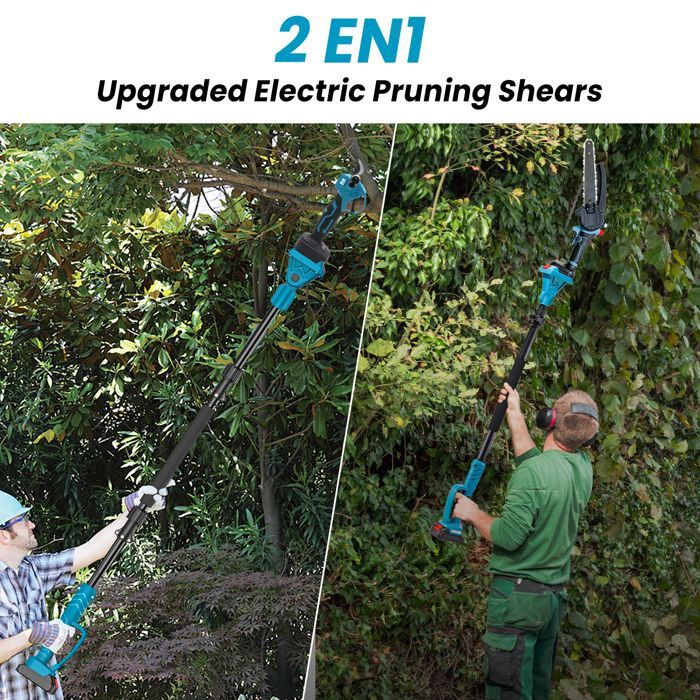 8-Zoll-Mini-Kettensäge mit 2-m-Stange und 30-mm-Elektro-Astschere, 3-in-1-Gartengeräte-Set mit 2 Akkus