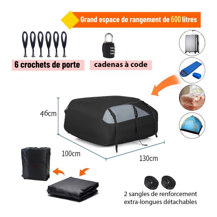 Sac de Toit Voiture - 600L - Coffre de Toit Souple 100% Imperméable pour Tous Véhicules avec/sans Barres de Toit - Muet + Cadenas