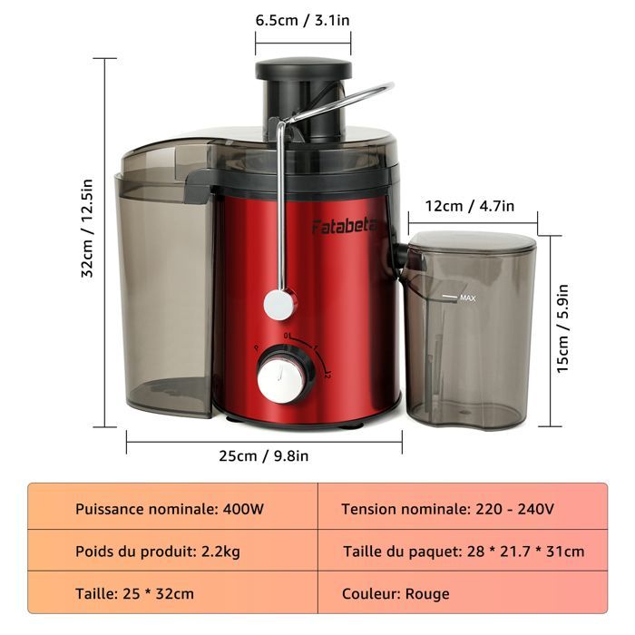 Extractor de zumos - FATABETA - LH618 - 400W - 3 velocidades - Depósito de 550 ml y depósito de pulpa de 1 L
