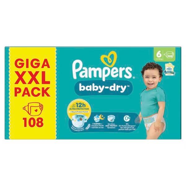 „Pampers Baby-Dry“ 6 dydžio sauskelnės<br>6 dydis (13–18 kg), 108 vnt.