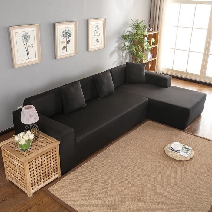 Housse de canapé de protection 3 +2 places en L d'angle en polyester pour meubles de maison douce  luxueuse - noir