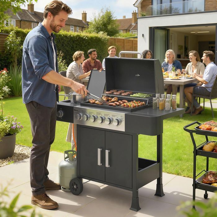 Barbecue a gas - Outsunny - 6+1 bruciatori, termometro integrato - carrello portatile con ruote - metallo - nero