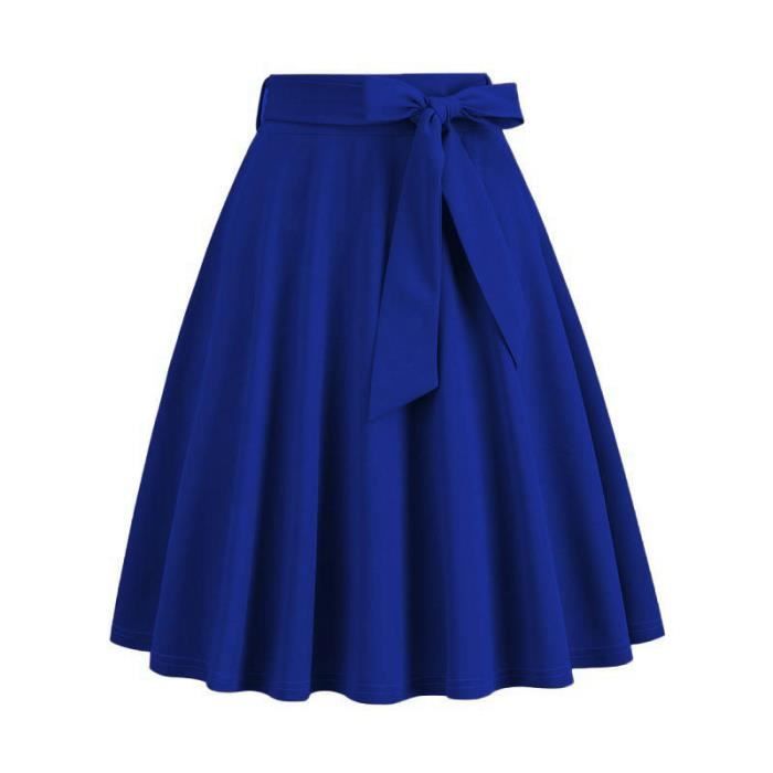 Falda skater plisada para mujer, cintura alta, elástica, falda midi acampanada con cinturón, color liso, cómoda - Azul oscuro