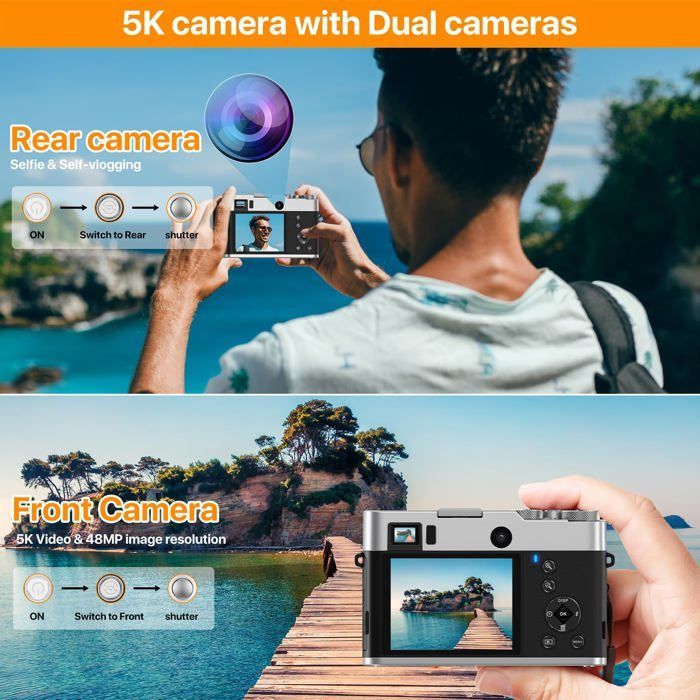 Cámara digital INF 5K con dos objetivos, visor, enfoque automático y estabilizador de imagen (marrón)