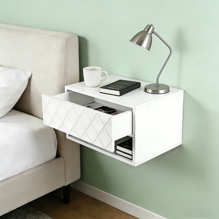 JEOBEST Modern Floating Bedside Table - Scandinavian Nightstand with Drawer - Shelves for Bedroom, Bathroom