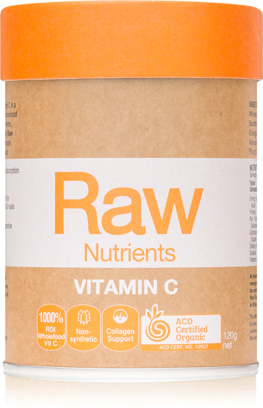 Suplemento alimentar em pó de vitamina C da Amazonia Raw Nutrients para fortalecer o sistema imunológico, a pele bonita, as unhas e os dentes saudáveis.