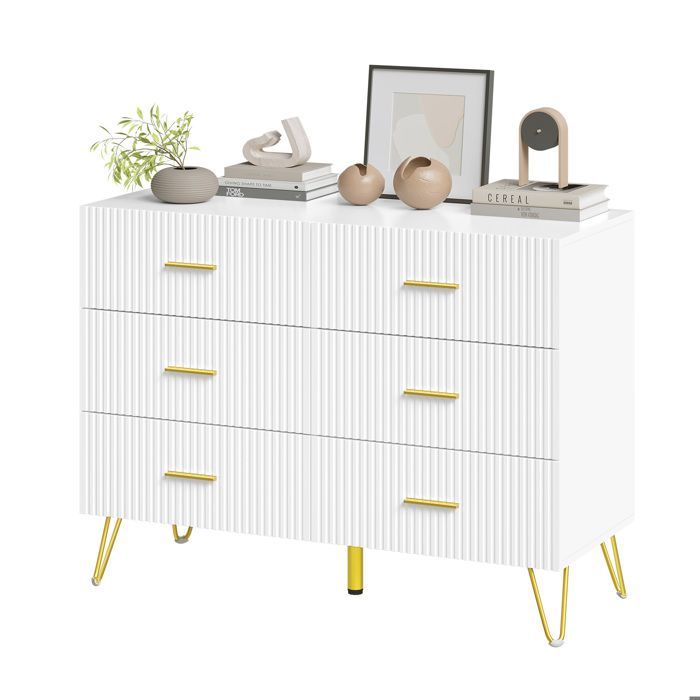 Commode 6 Tiroirs - Design élégant - Meuble en Bois d'Ingénierie - Pieds en Métal Doré - 100x40x75cm - Blanc