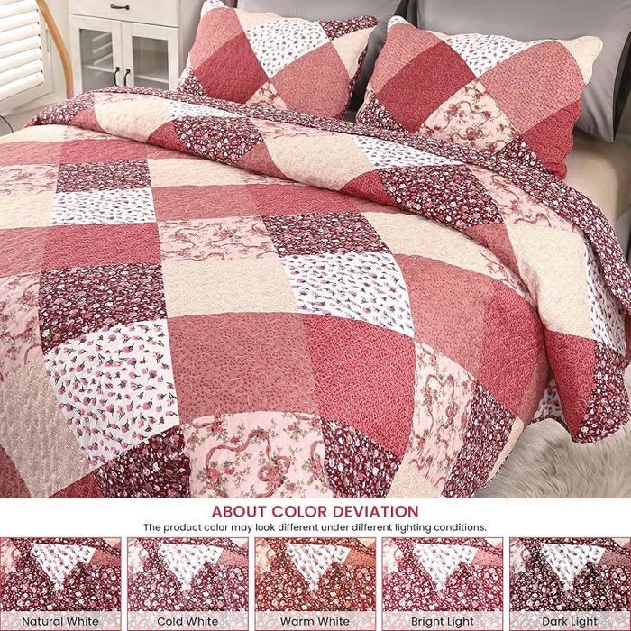 Colcha reversible de retazos multicolor, rosa, 240x260 cm, para 2 personas, acolchada.