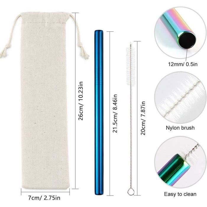 Juego de 5 pajitas reutilizables para té de burbujas - Pajitas extra anchas de acero inoxidable de 12 mm - con 1 cepillo de limpieza