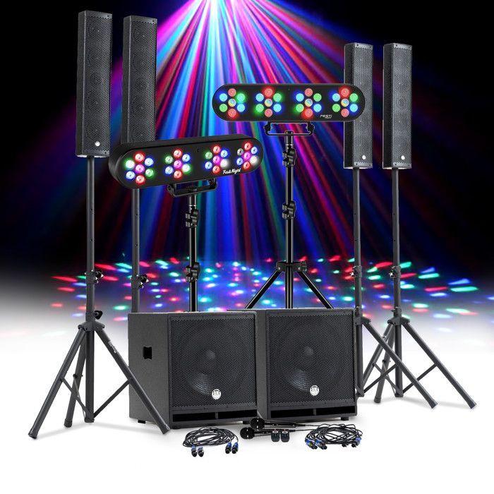 Sistema audio DJ completo da 2400 W di BM SONIC, comprensivo di 4 altoparlanti, 2 subwoofer mega da 38 cm con connettività USB/Bluetooth, cavi, microfoni e 2 stativi per luci a LED.