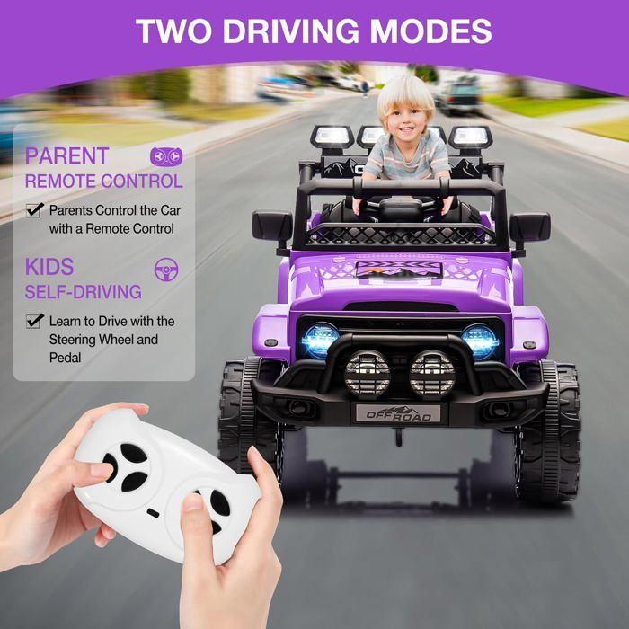 Coche eléctrico infantil de 12 V con mando a distancia, música, luces LED y claxon, 3 velocidades, para niños de 3 años en adelante, color morado.