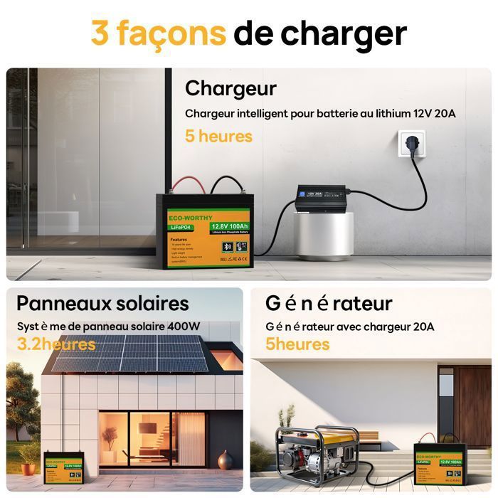 Batería de litio ECO-WORTHY de 12 V y 100 Ah con Bluetooth, batería LiFePO4, BMS y protección contra bajas temperaturas, más de 4000 horas de duración para autocaravanas.