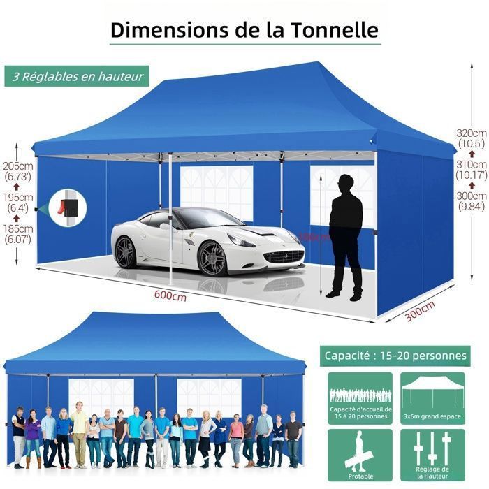 Gazebo 3x6, gazebo da giardino pieghevole e impermeabile per feste, blu