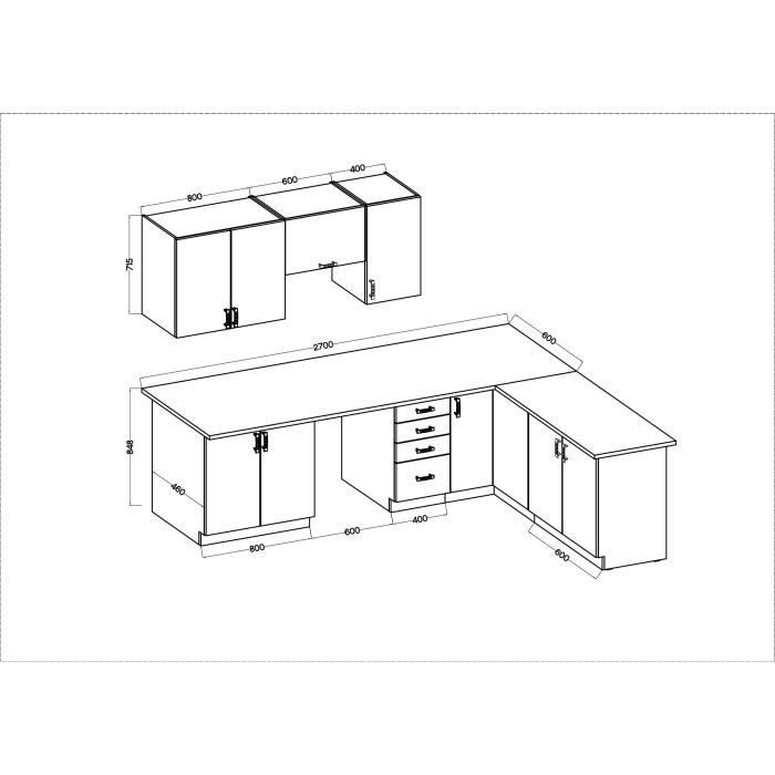 SARA Complete Modulaire Keuken - Omkeerbare Hoek - 7 Elementen - Sonoma Eiken Afwerking - B270 x L148 cm - Werkblad niet inbegrepen