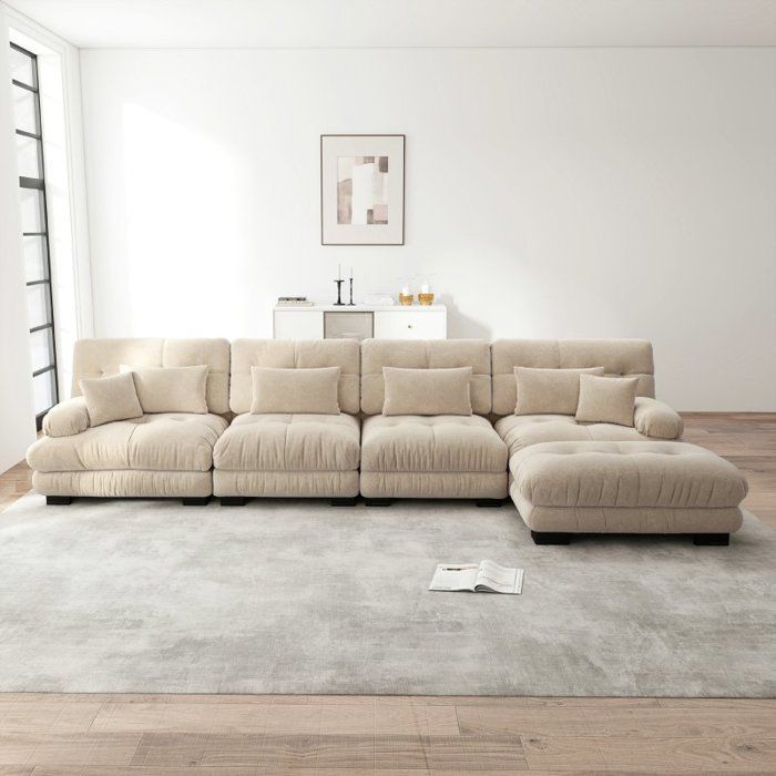 Modular corner sofa - LANGTU - Converts to a 4-seater L-shape - light brown chenille upholstery - removable ottoman - cloud cushions