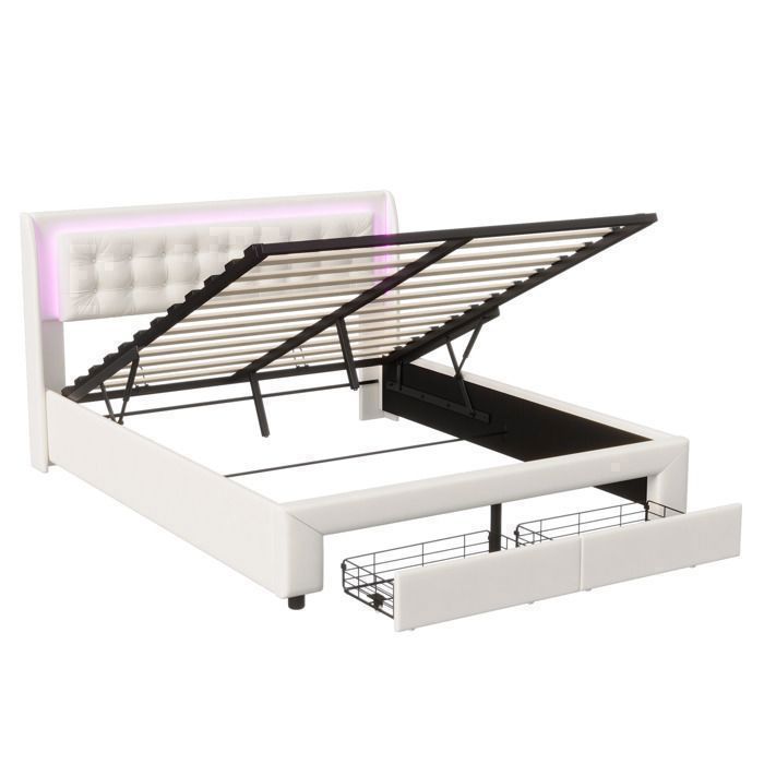 Double bed 140x190 cm - SUNFECILI - Storage with slatted base - LED - Beige - Hydraulic storage