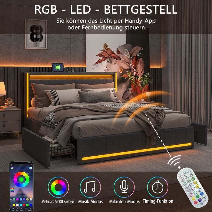 Cama doble de 180 x 200 cm, cama individual de 180 x 200 cm con 4 cajones, puerto USB e iluminación LED, estructura de cama con cabecero, ropa de cama, gris oscuro.