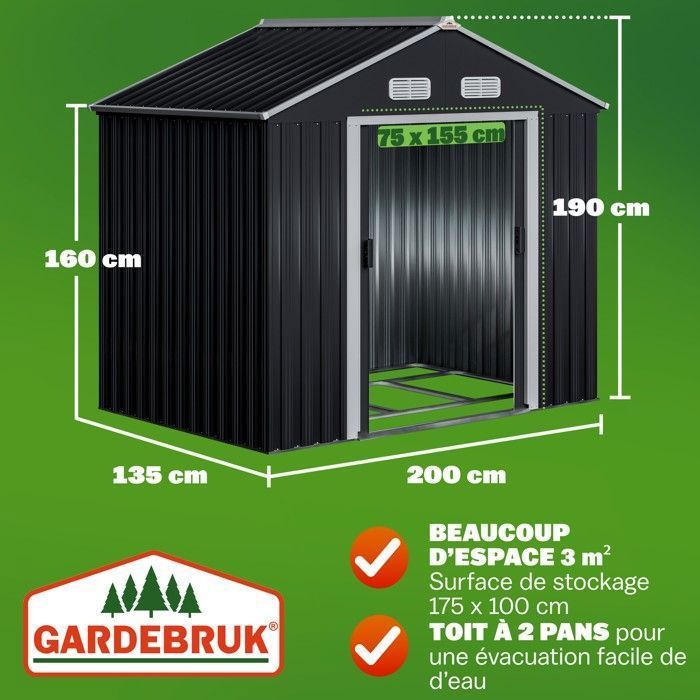 GARDEBRUK® Abri de jardin métal XL 2m² fondation 200x135x190cm porte coulissante anthracite cabane jardin cabanon rangement 4m³