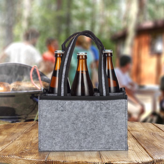 Relaxdays Porte-bouteilles pour 6, feutre, sac à main de bière pour homme, tissu, poche pour 0,5l, 15x24x15 cm, gris
