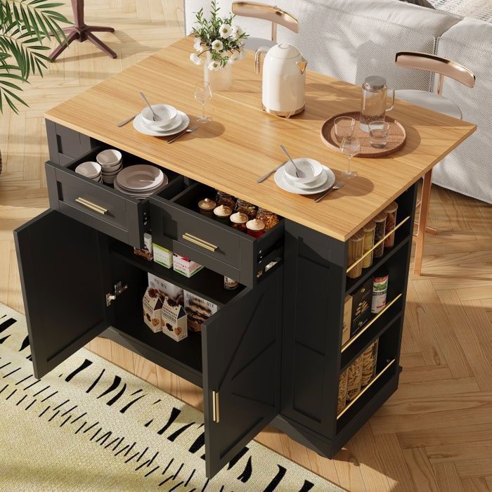 Buffet Îlot  de Cuisine , Armoire de Salon Multi-rangements,2 Portes 2 Tiroirs,Plan de Travail,Desserte Chariot à Roulettes ,Noir