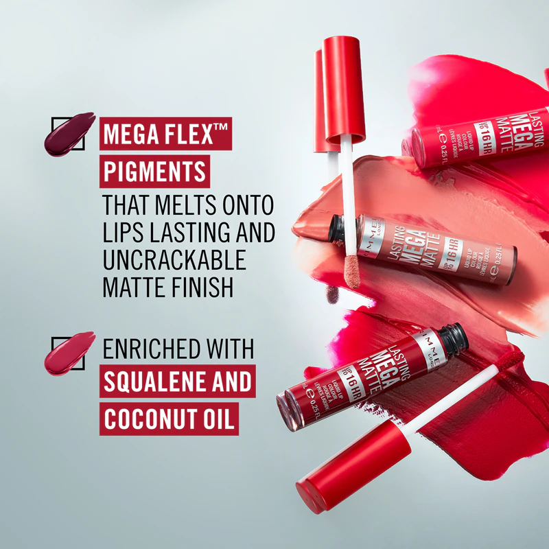 Rimmel Lasting Mega Matte lichtgewicht matte vloeibare lippenstift, blijft 16 uur zitten.