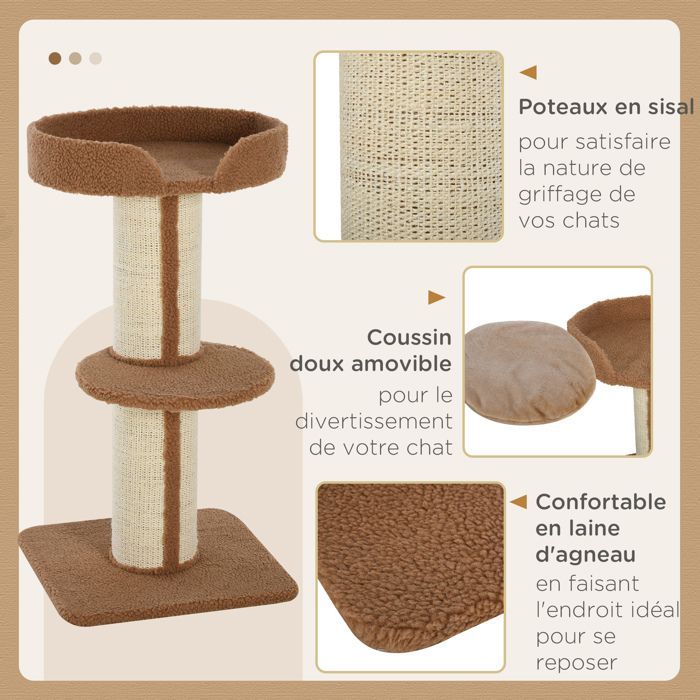 Arbre à chat - PawHut - avec griffoir - 2 plateformes - coussin - perchoirs avec bord relevé - marron clair