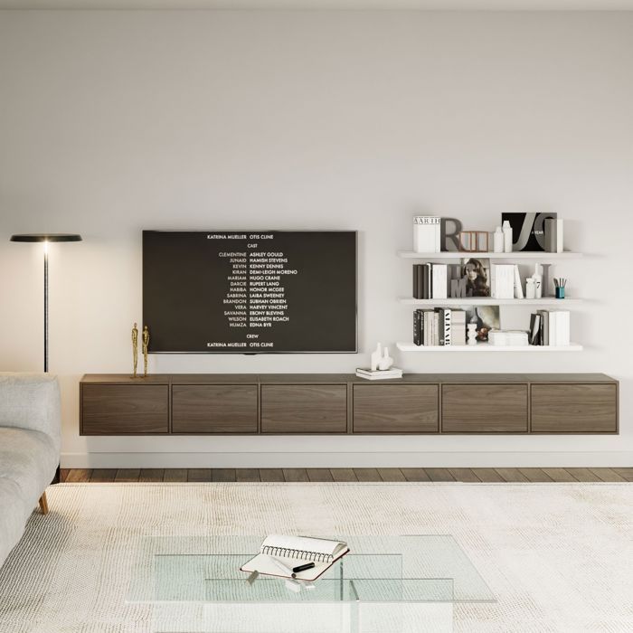 Meuble TV mural à 6 abattants – FRAMME – 300 cm – aspect bois noyer Wisconsin