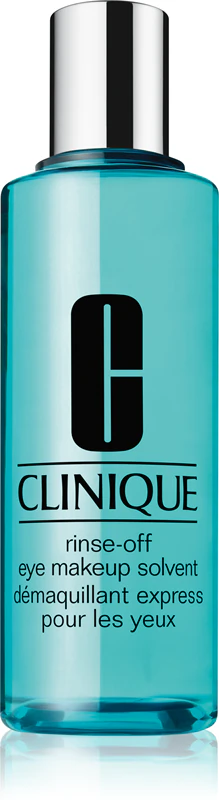 Demaquilante para olhos Clinique Rinse-Off, à base de solvente, para todos os tipos de pele.