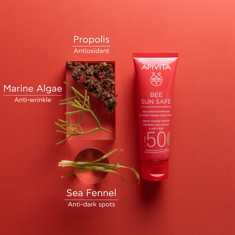 Apivita Bee Sun Safe tónovaný krém na tvár proti škvrnám a starnutiu SPF50