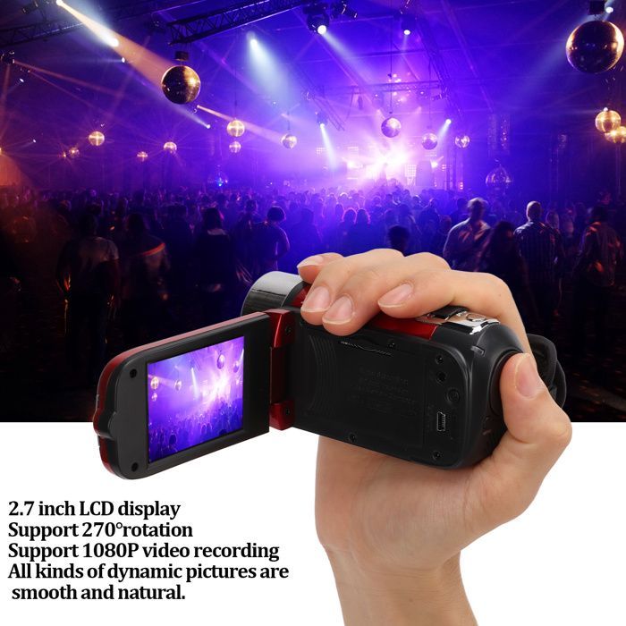 Videocámara portátil OMABETA Full HD con pantalla giratoria de 270° y color rojo.