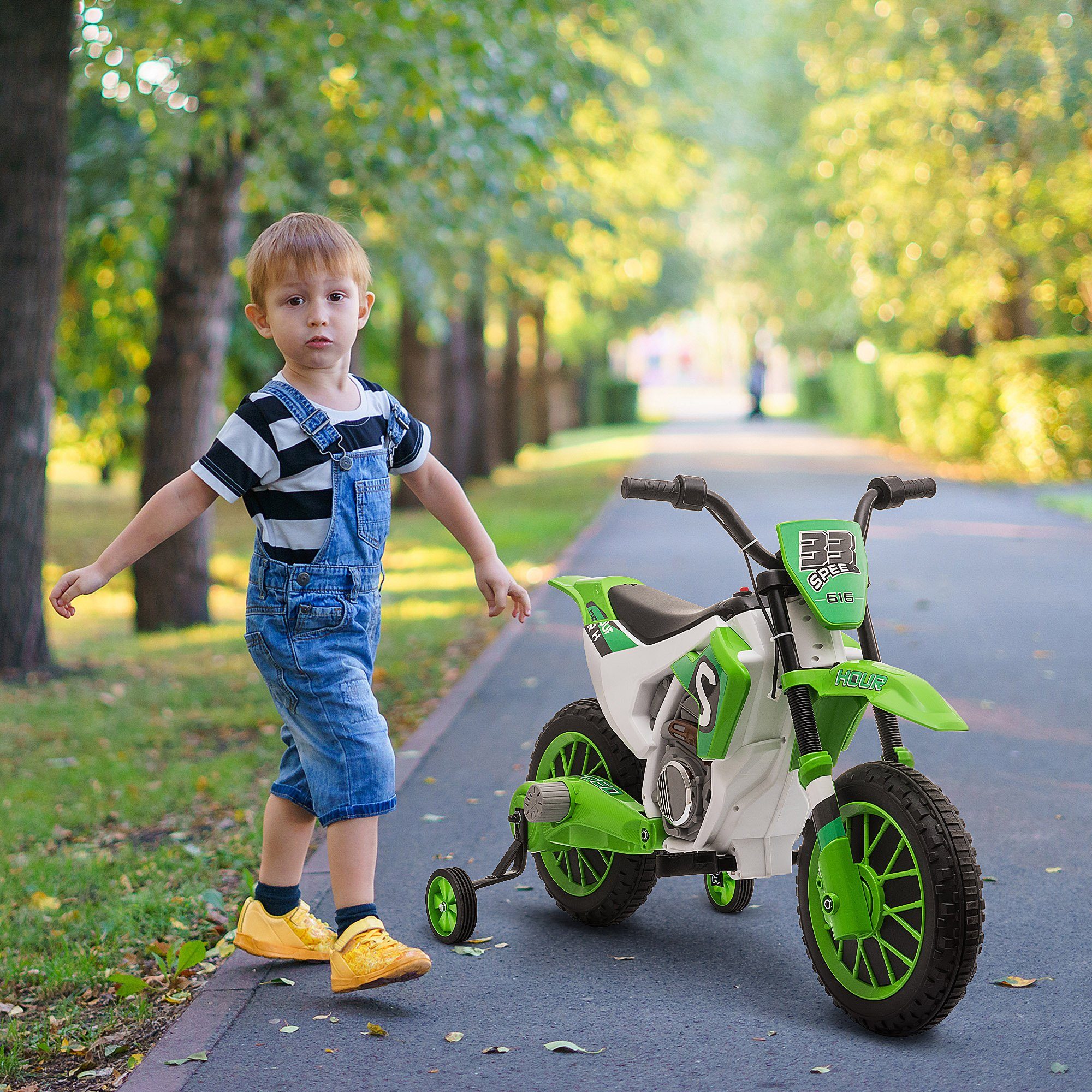 Motocicletă electrică HOMCOM pentru copii, vehicul electric cu 2 roți de susținere detașabile pentru copii cu vârsta de 3 ani și peste, capacitate de încărcare 30 kg, (1 bucată), inclusiv baterie și încărcător