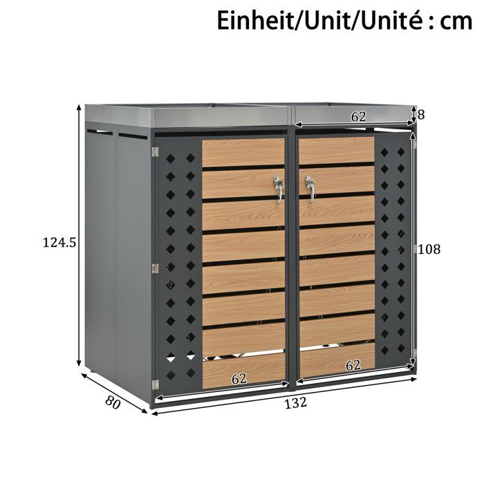 Double Bin Cover 132×80×124.5cm - Integrated Flower Box - Recycling & Lockable - Galvanized Steel & Wood