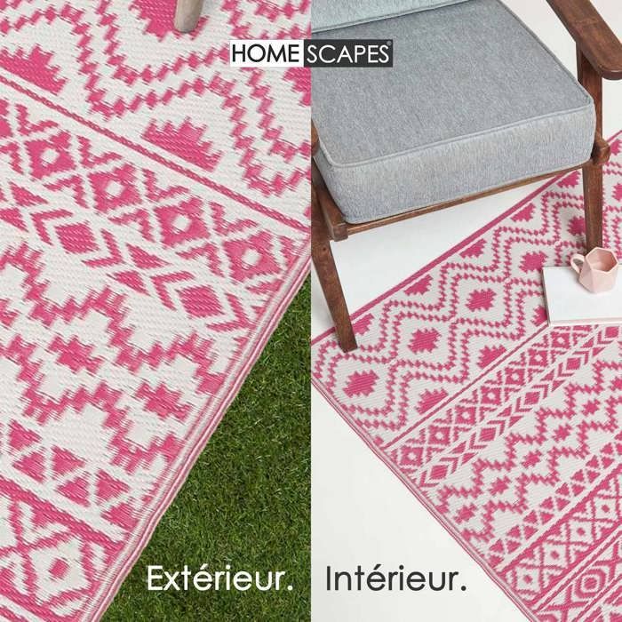 Tapis extérieur jardin imperméable, réversible et résistant UV - Tia - 180x270 cm - Rose - Matériaux recyclés - Homescapes