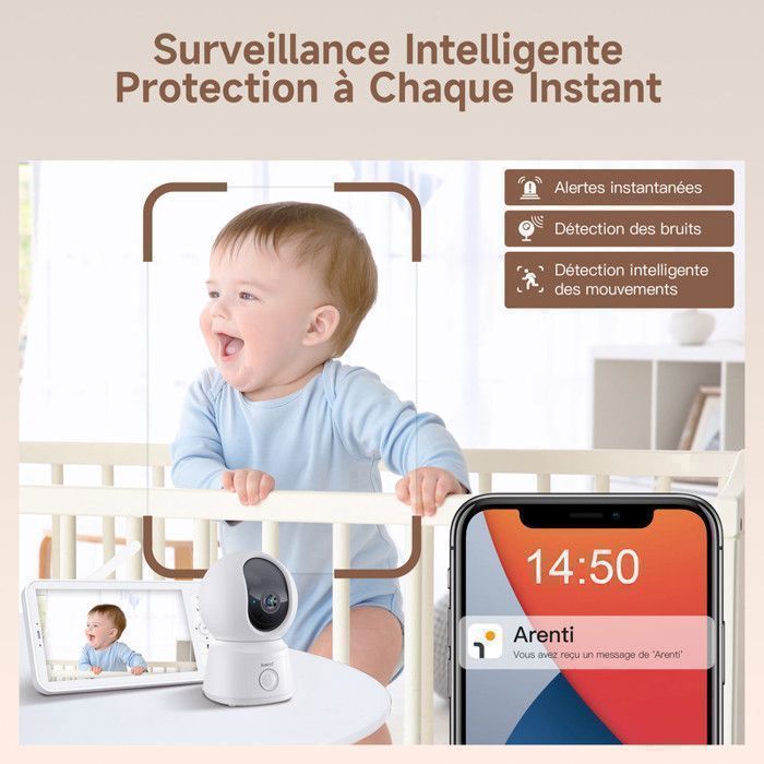 ARENTI Babyphone Camera Bébé, Baby Phone Vidéo Connecté Smartphone, Baby Moniteur Vidéo avec VOX, Détection de Température