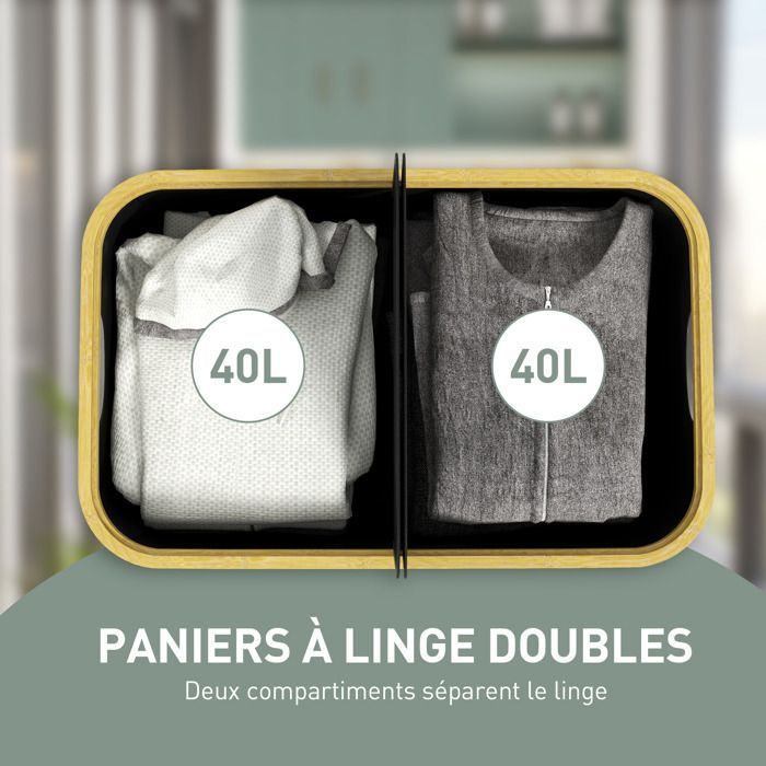 Cesto de ropa - HOMCOM - doble plegable 80 L - tapa - asas acanaladas - negro