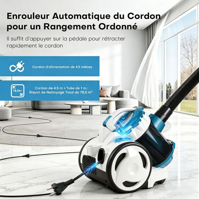MONMECD Aspirateur Traineau Sans Sac 1500W, 2L, 22kPa Puissant,  Léger, Ergonomique, Filtre HEPA Lavable, Câble 4.5m, Bleu & Blanc