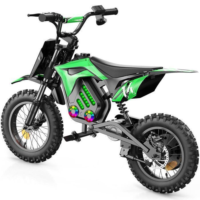 Moto électrique pour enfants A14 Vert, 500W, 3 Vitesses 8-27KM/H, Pneus 14’’ tout-terrain, Autonomie 22 km, Bluetooth, Amortisseurs