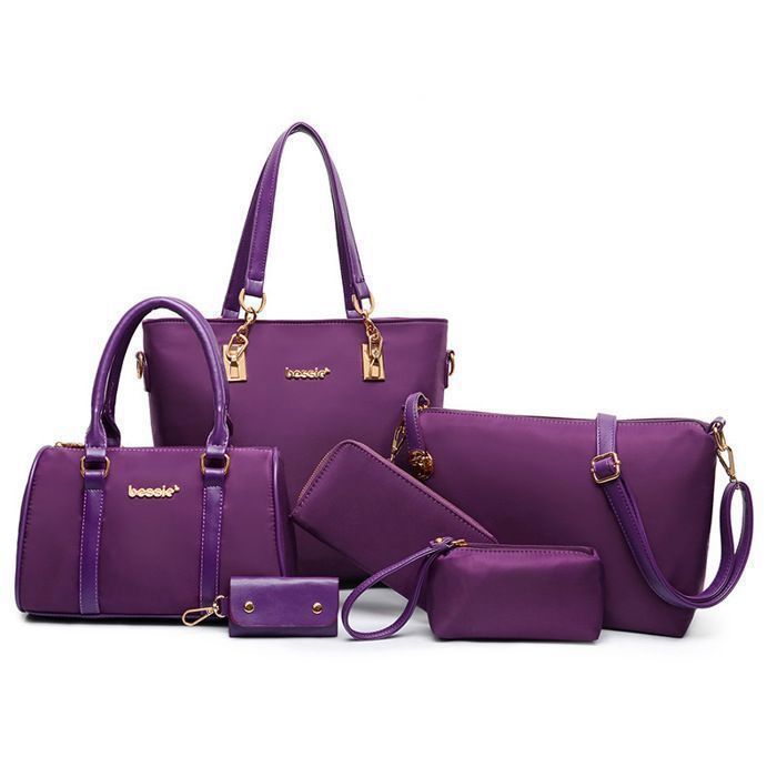 Women's Fashion 6-Piece Bag Set: PU Leather Handbag + Tote Bag + Shoulder Bag + Wallet, Purple
