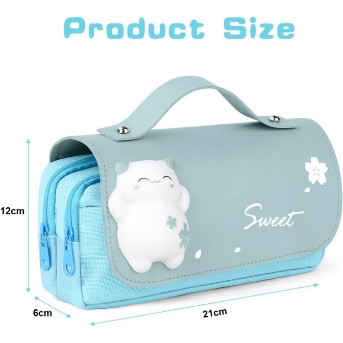 Trousse Scolaire avec Poignée, Sac à Crayons Portable pour filles et garçon , sac à crayons Double couche, pochette d'école(Bleu)