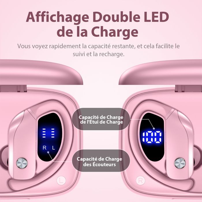 Écouteur Sans Fil VEATOOL Bluetooth 5.1 Sportif Étanche IPX5 HiFi Stéréo Autonomie 48h Micro Intégré Rose