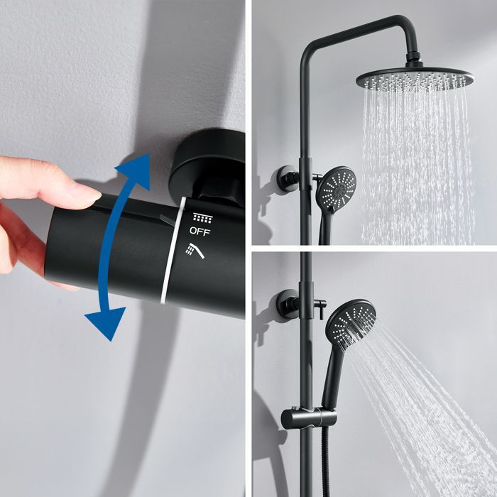 Columna de ducha termostática de 38 °C, color negro, con 3 modos de funcionamiento, ducha de mano y altura regulable de 84 a 121 cm.