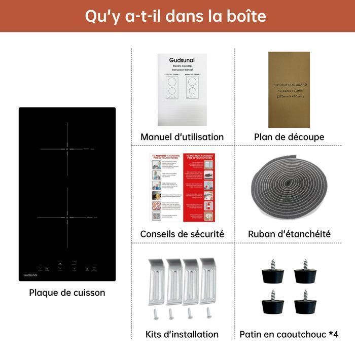 Plaque Induction, Gudsunal Domino Induction, 2 Foyers Encastrable, 3600 W,Chauffage à Basse Puissance, Boost, 9 Niveaux de